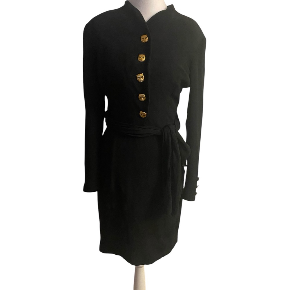 Valentino Vintage 80’s Night Label Black Dress Tiger Buttons Mandarin Collar